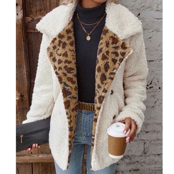 Cozy Leopard Print Teddy Wide Collar Jacket Coat - Picture 2 of 5